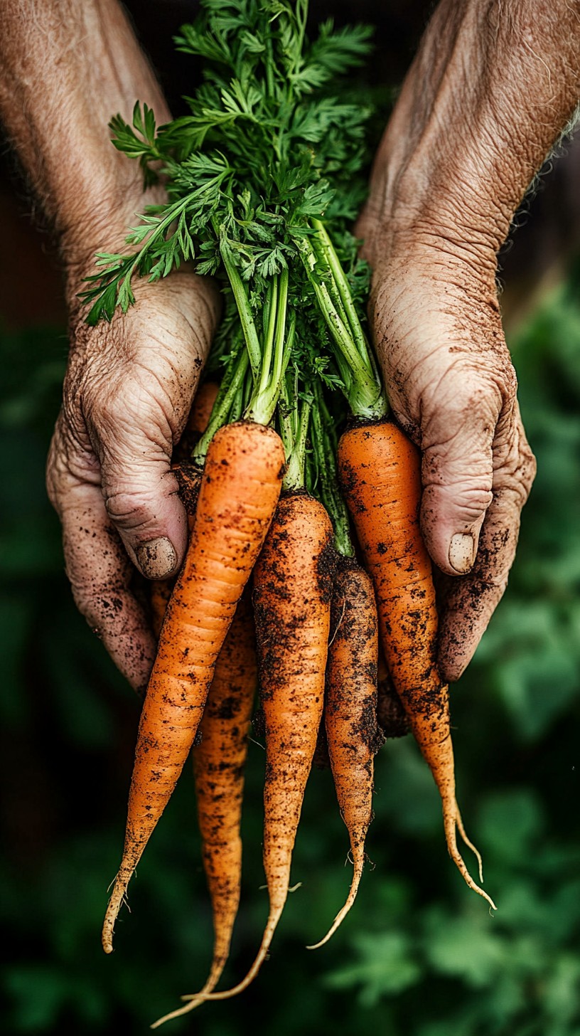 Freshly harvested carrots held by a grower