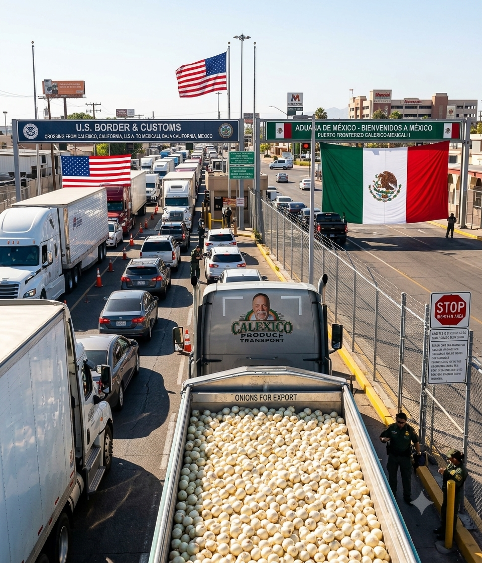 Illustration of produce trucks at a U.S.–Mexico border crossing