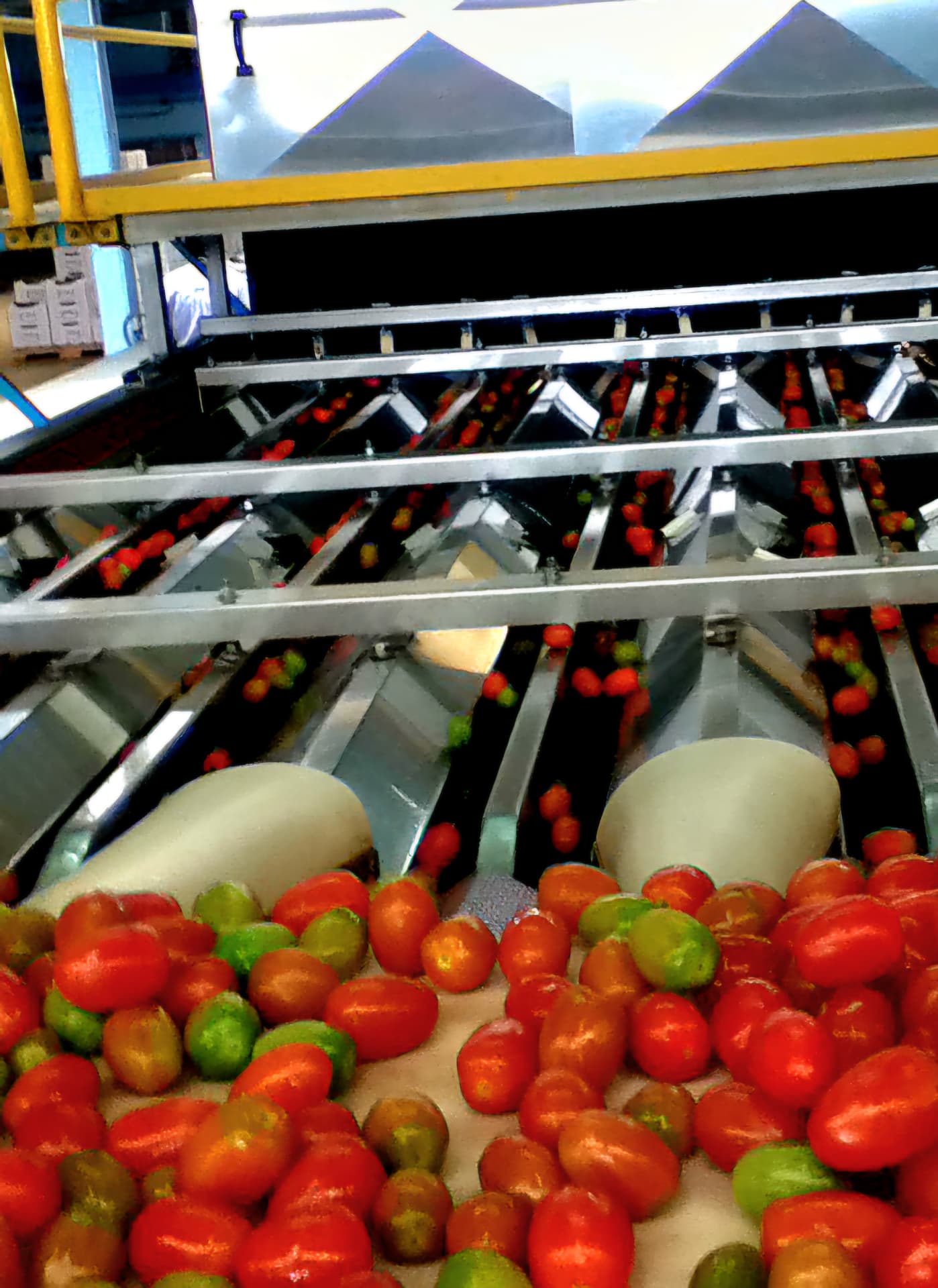 Fresh grape tomatoes moving through a produce processing line
