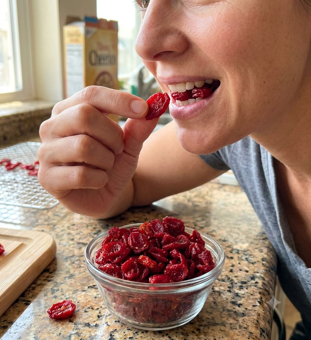 Illustration of a woman sampling grape tomato raisins