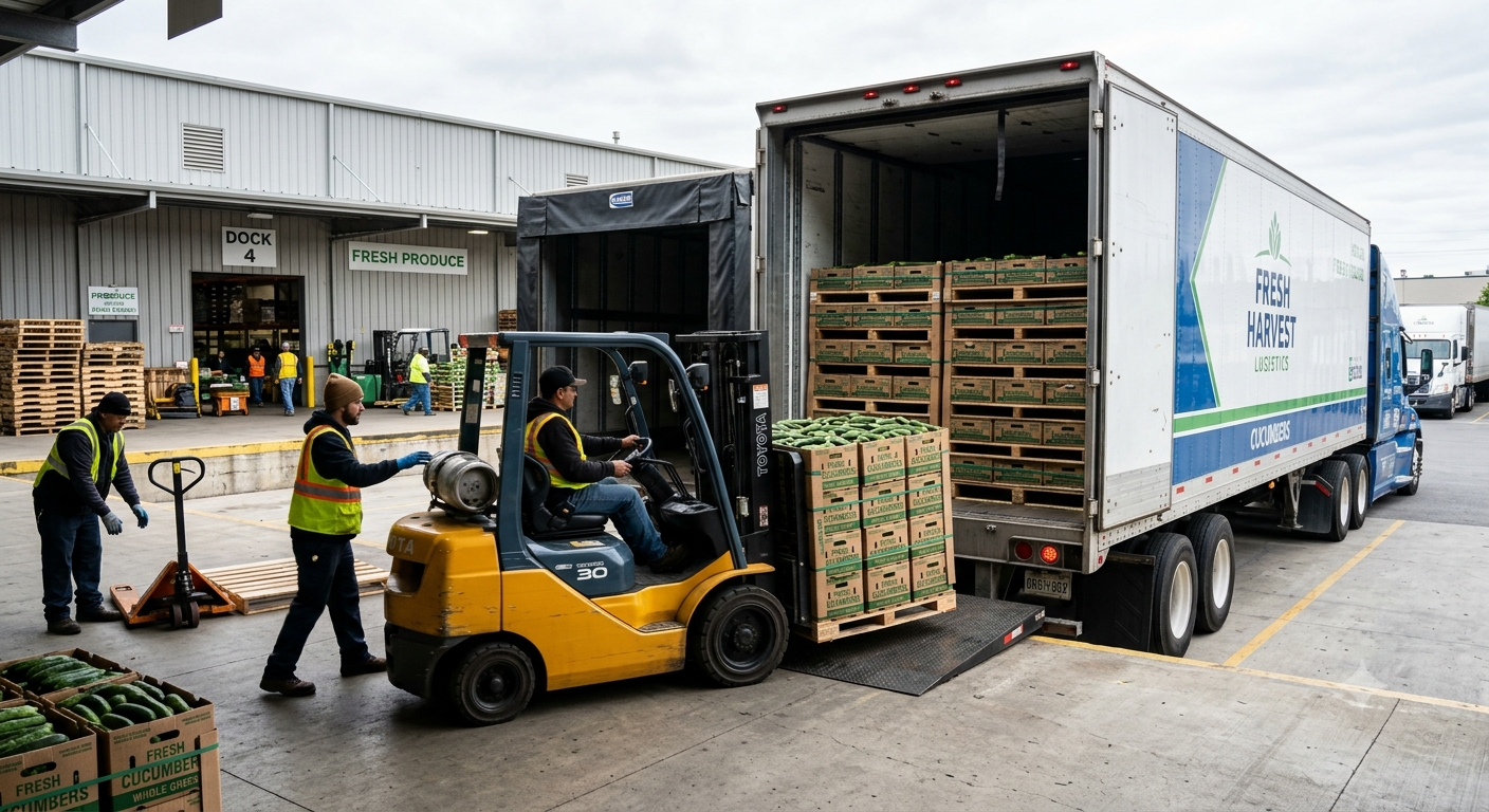 Illustration of pallets of cucumbers being loaded into a refrigerated trailer